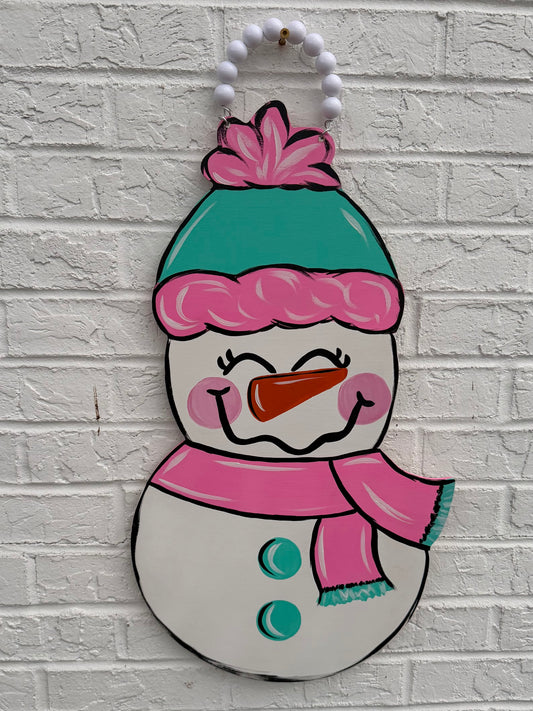 READY TO SHIP/PICKUP Pink Scarf Snowman Door Hanger