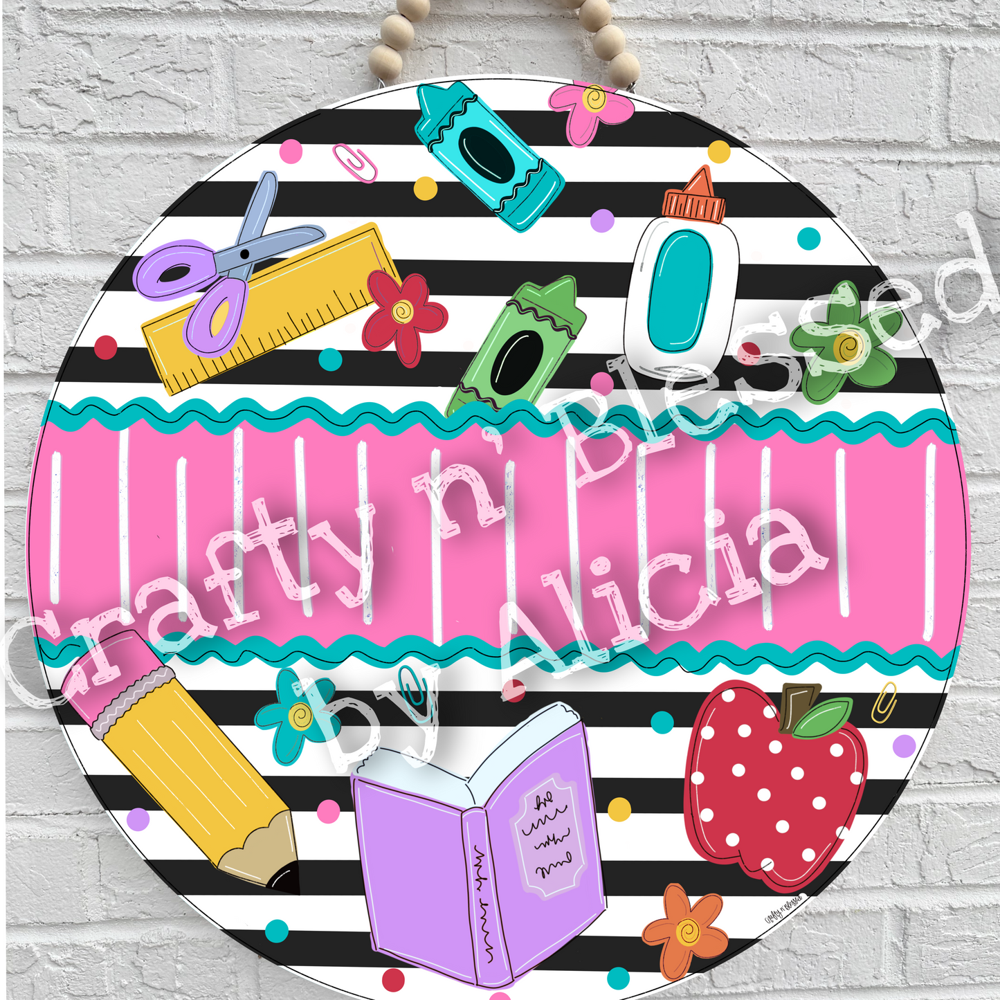 Striped School Supplies Classroom Door Hanger
