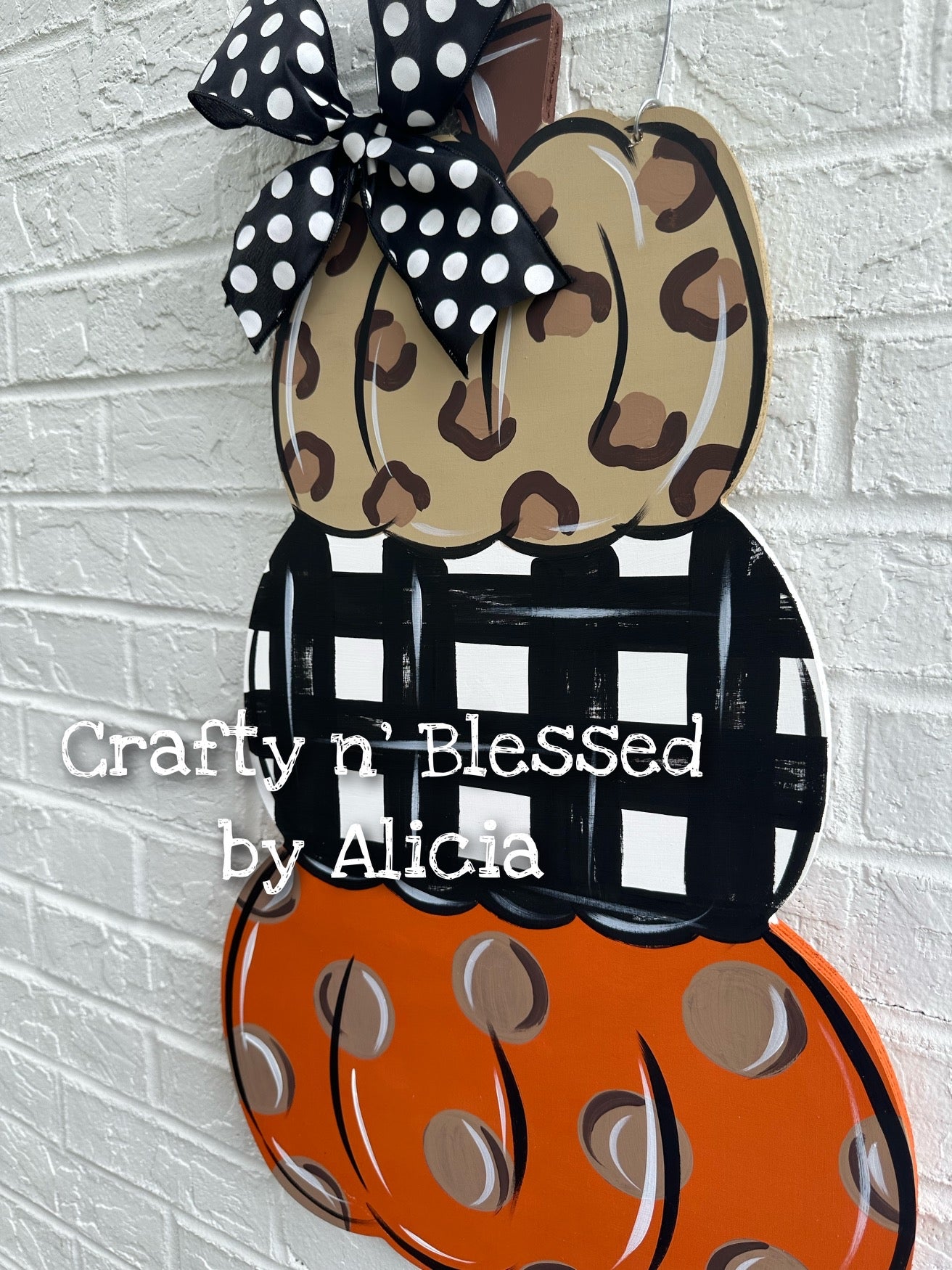 Cheetah Plaid Stacked Pumpkins Door Hanger