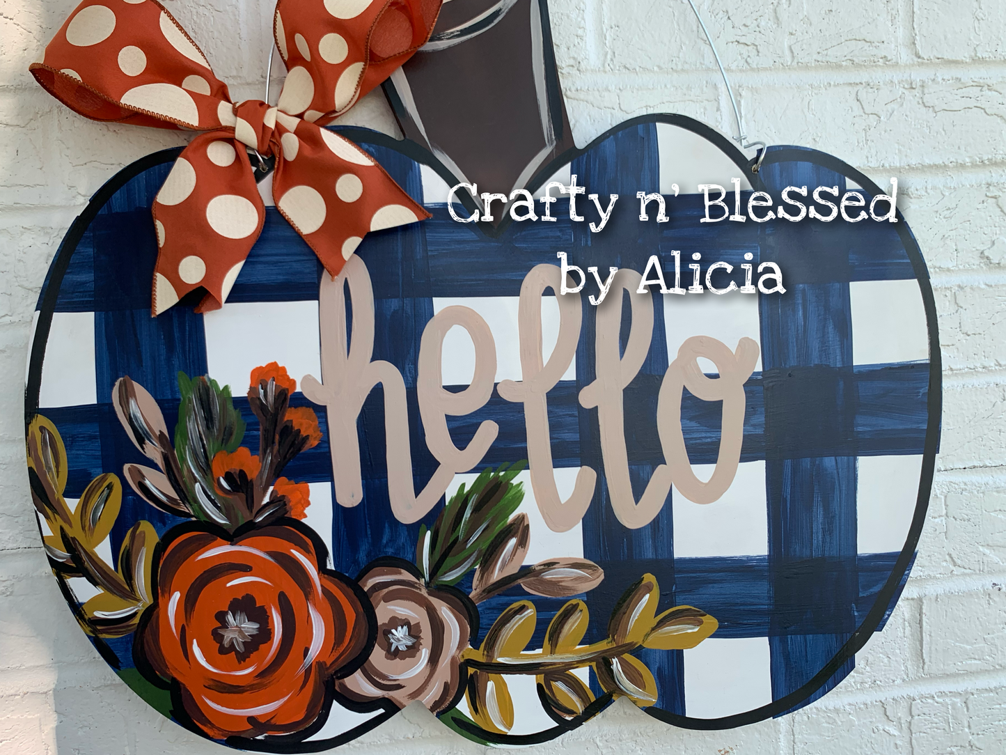 Navy Plaid Pumpkin Door Hanger