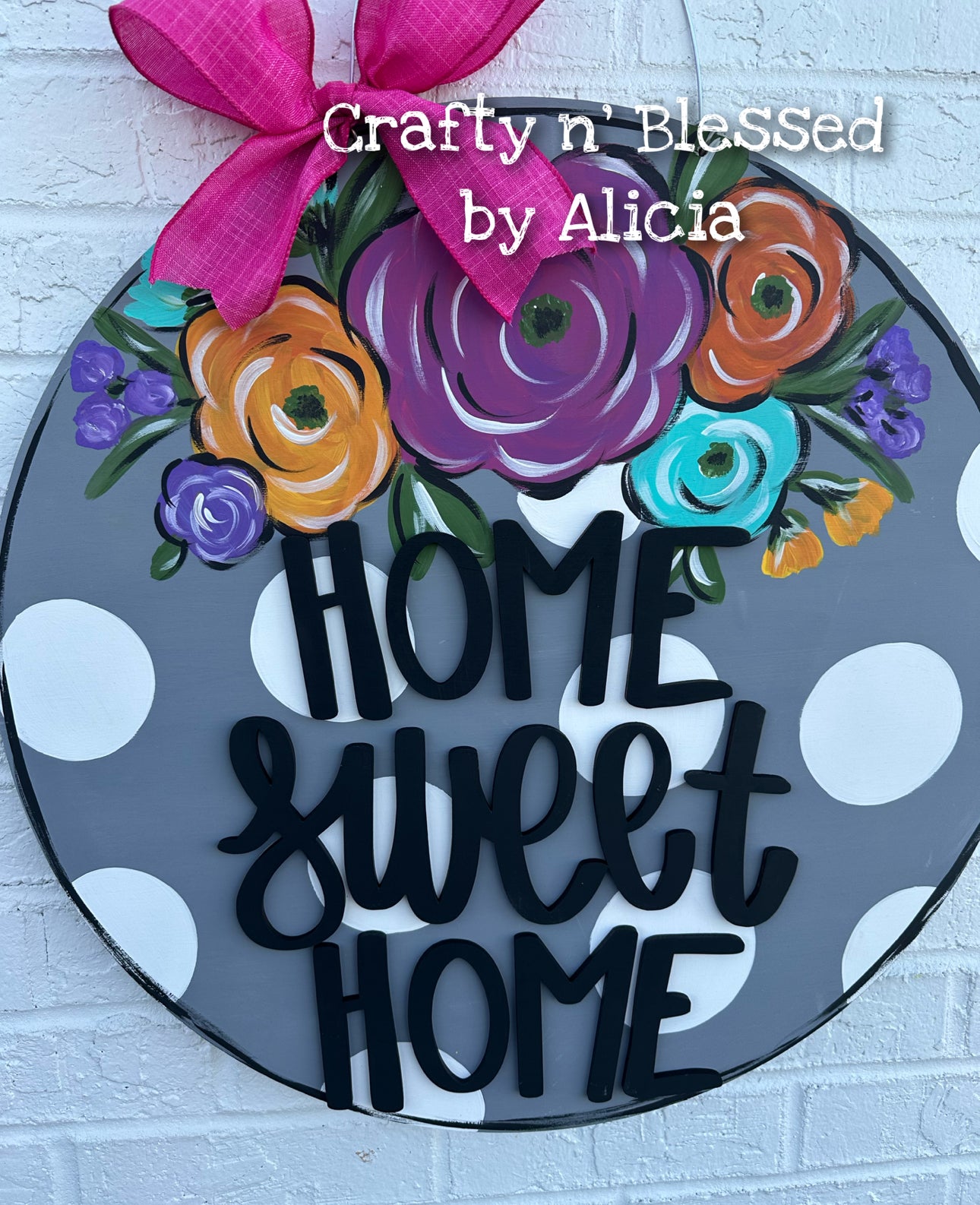 Gray Polka Dot Floral Home Sweet Home Door Hanger