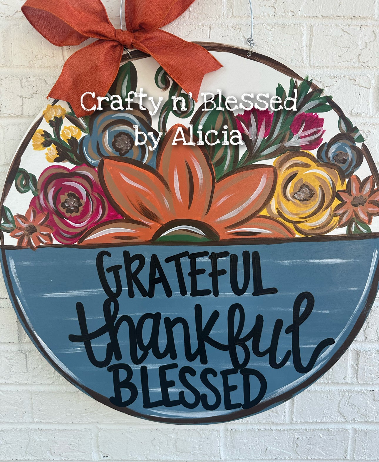 Grateful Thankful Blessed Floral Door Hanger