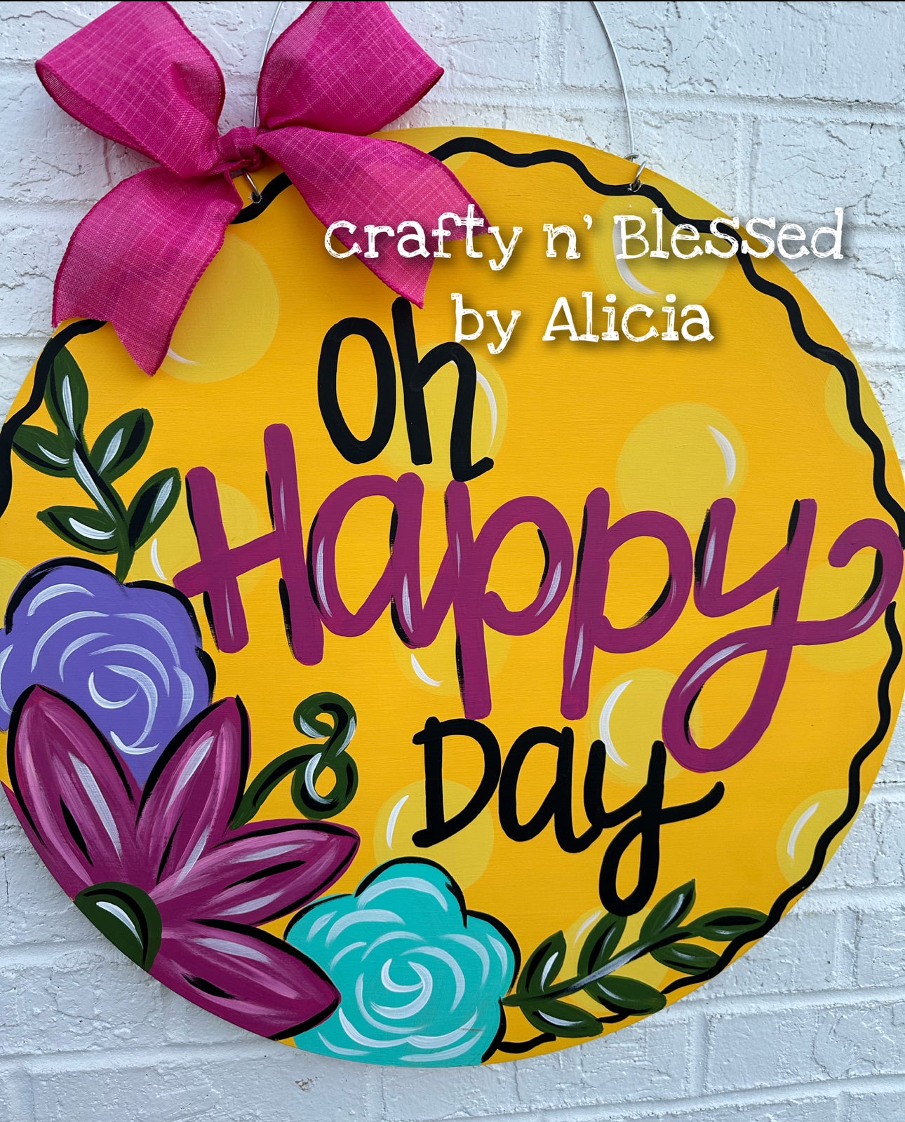 Yellow Floral Oh Happy Day Round Door Hanger