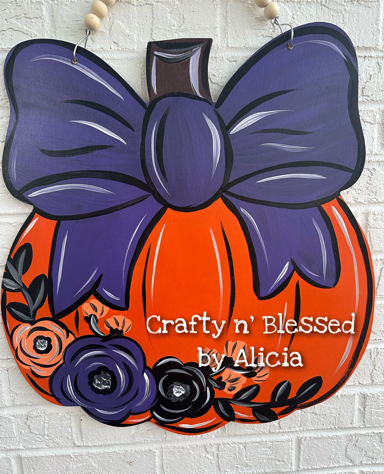 Purple Bow Floral Pumpkin Door Hanger