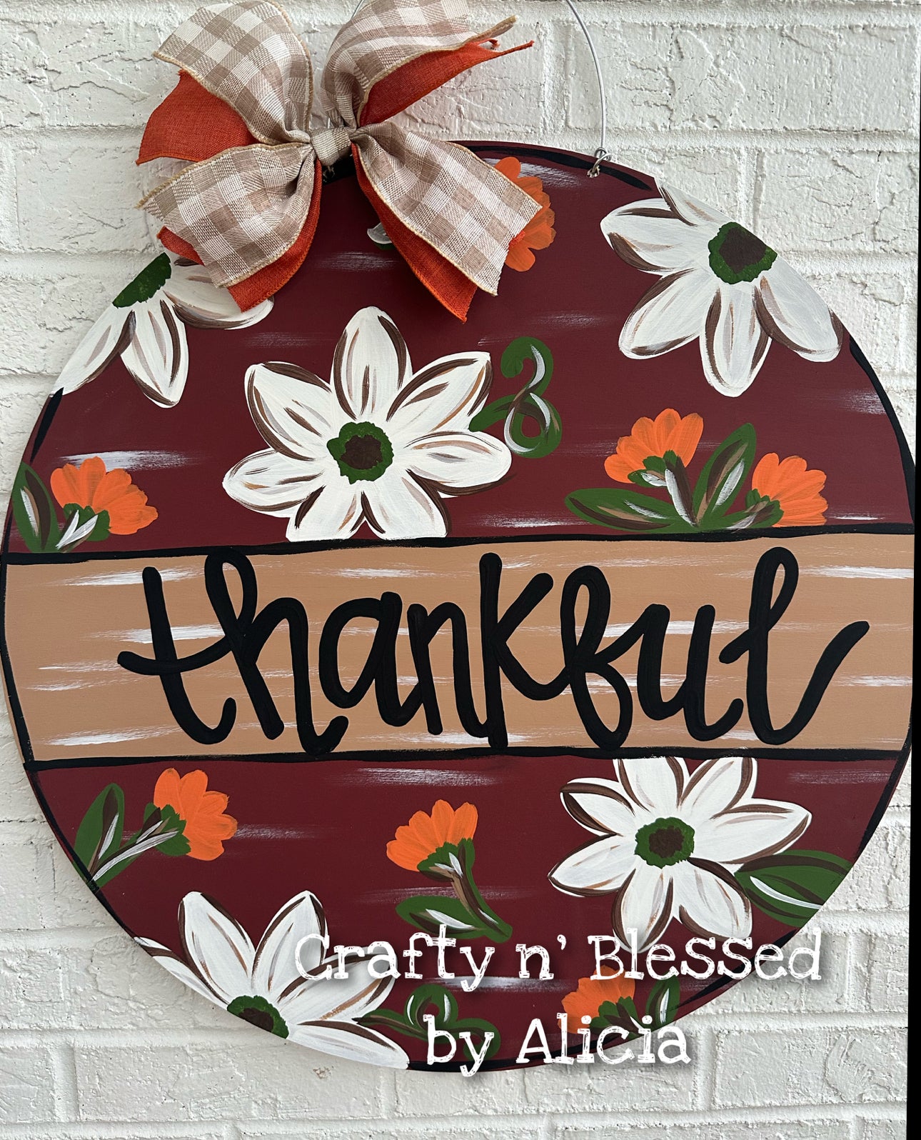 Maroon Thankful Floral Door Hanger