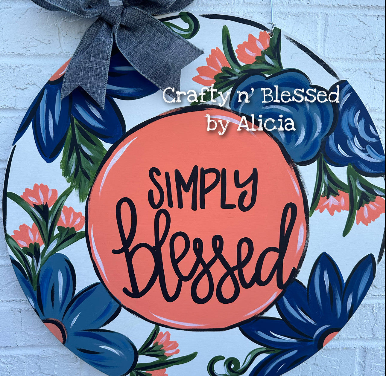 Navy and Coral Floral Door Hanger