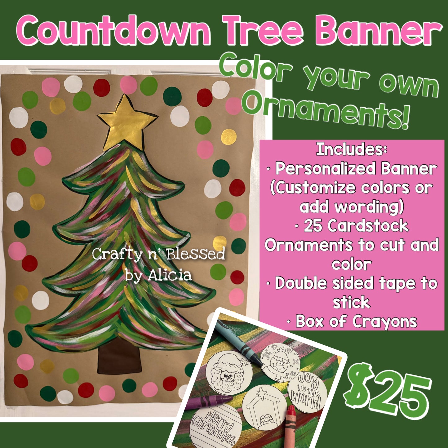 Personalized Custom Hand Painted Interactive Christmas Tree Banner Made to Order