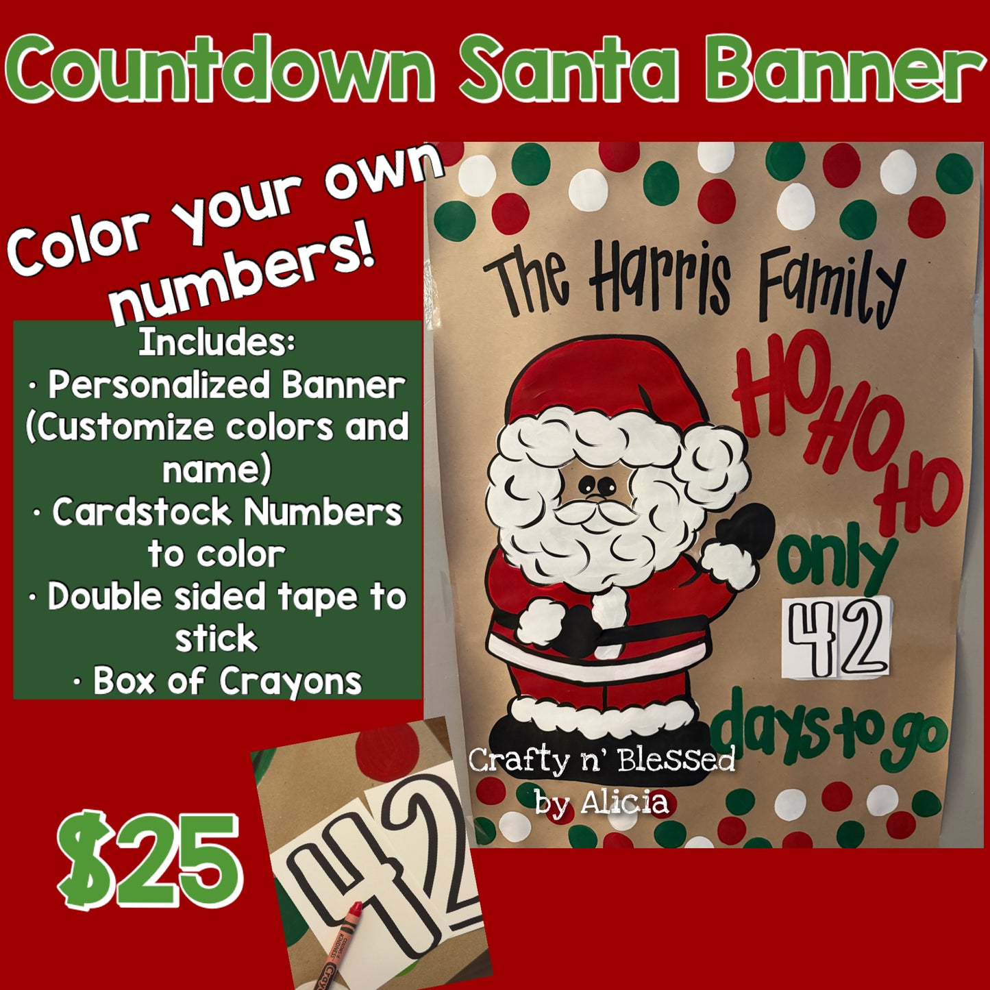 Personalized Custom Hand Painted Interactive Santa Countdown Banner Made to Order