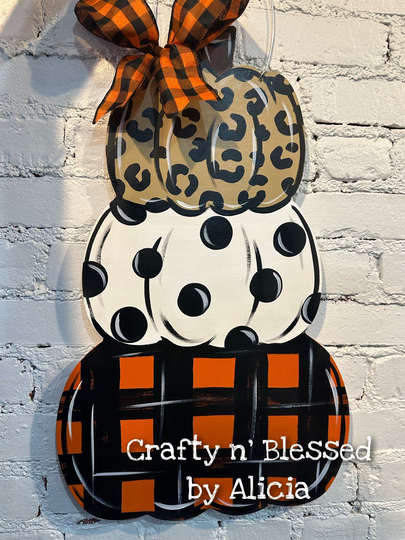 Leopard & Plaid Stacked Pumpkins Door Hanger