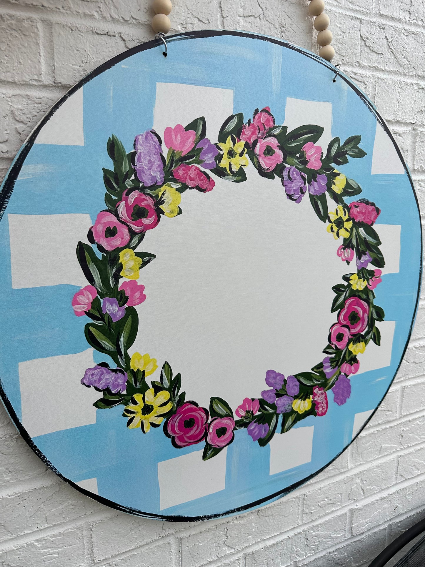 Blue Plaid Circle Floral Door Hanger