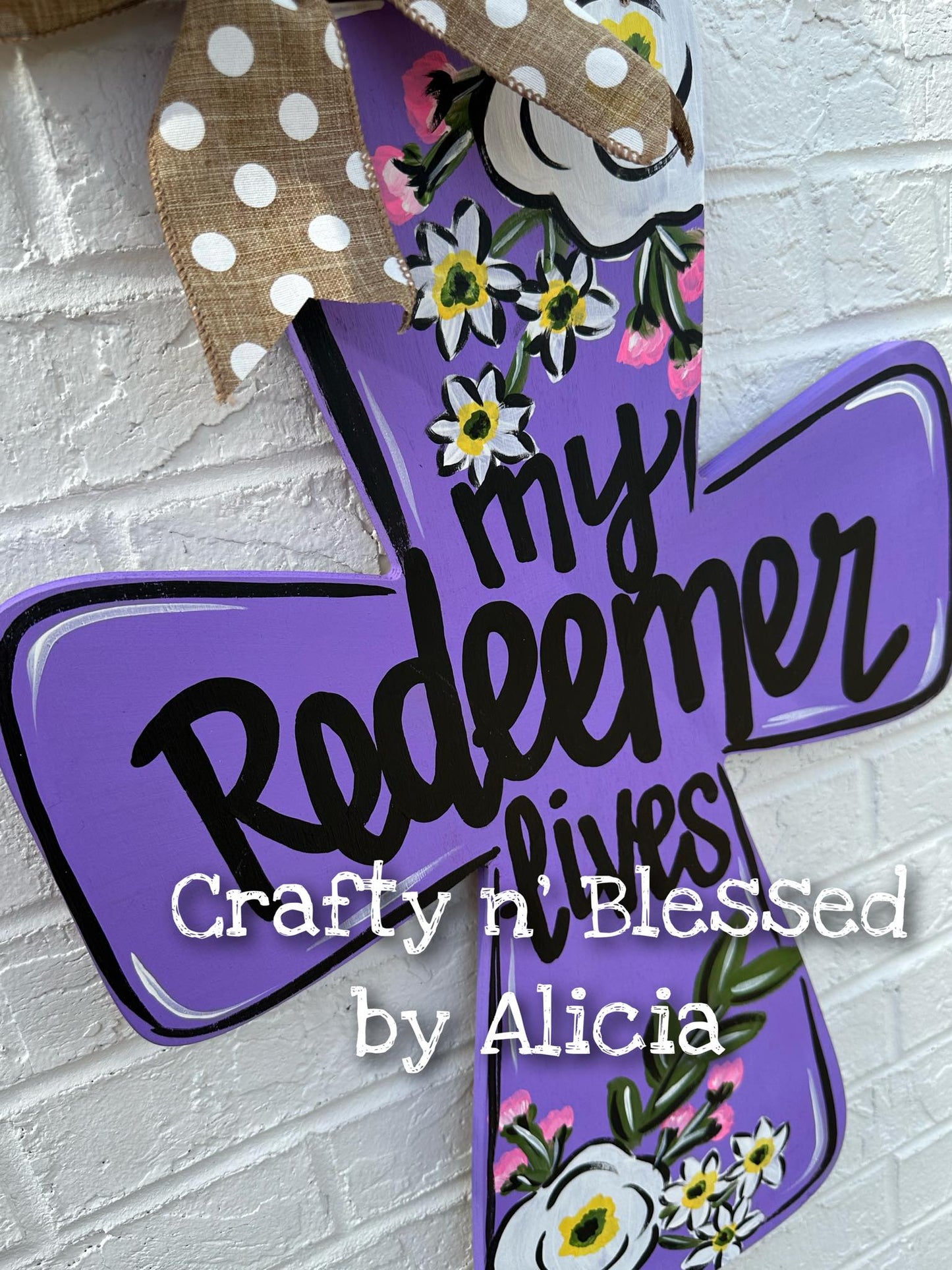 Purple Redeemer Lives Cross Print Door Hanger