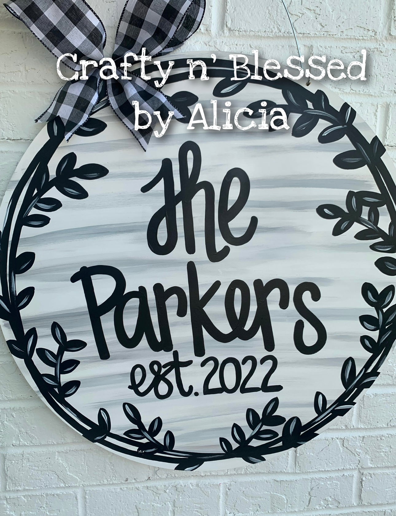 Personalized Name Distressed White Round Door Hanger