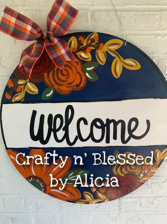 Navy Floral Circle Door Hanger