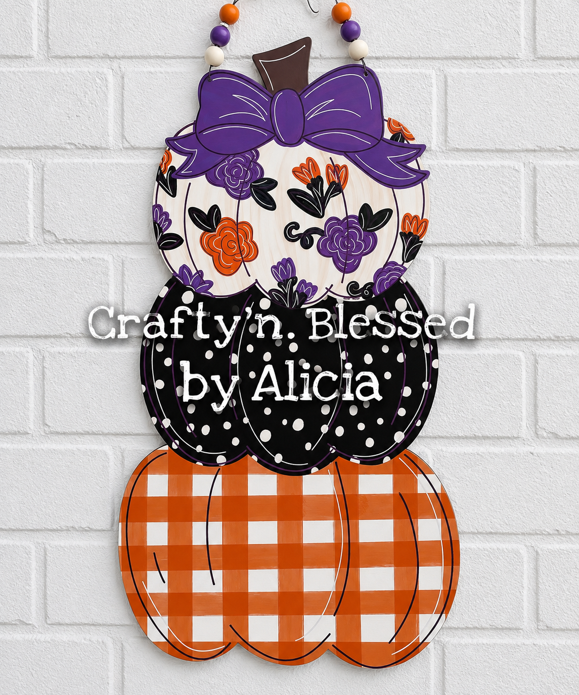 Stacked Purple Floral Pumpkins Door Hanger