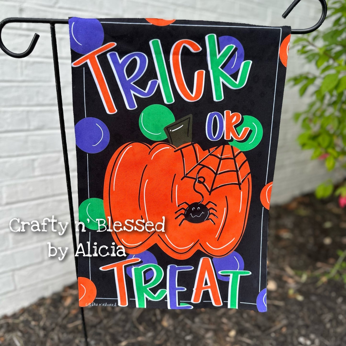 Black Polka Dot Trick or Treat Garden Flag