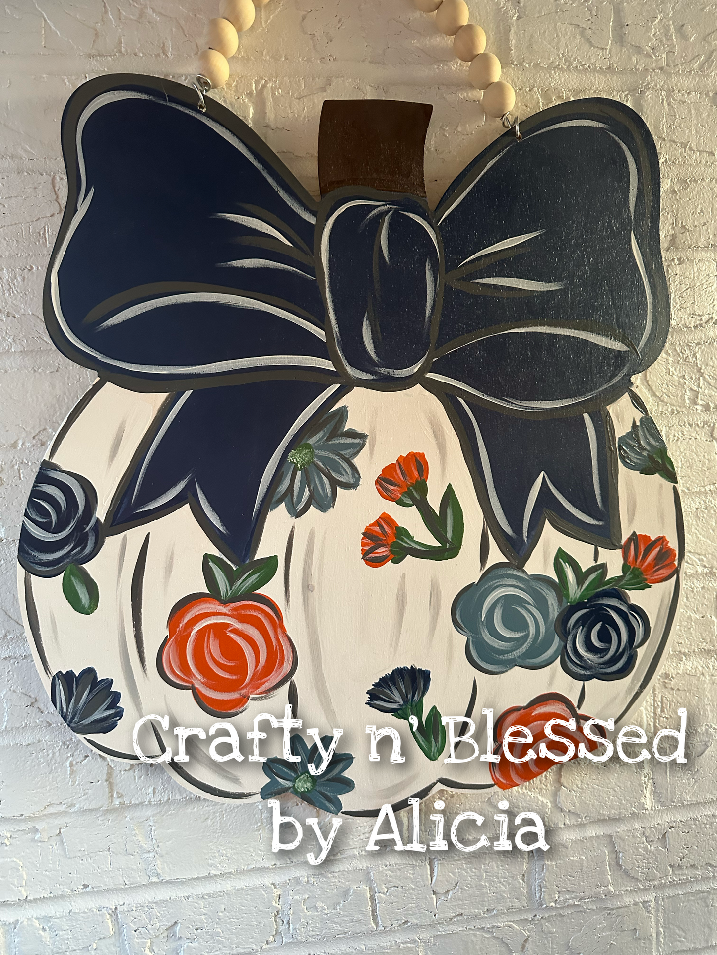 Navy Floral Bow Pumpkin Door Hanger