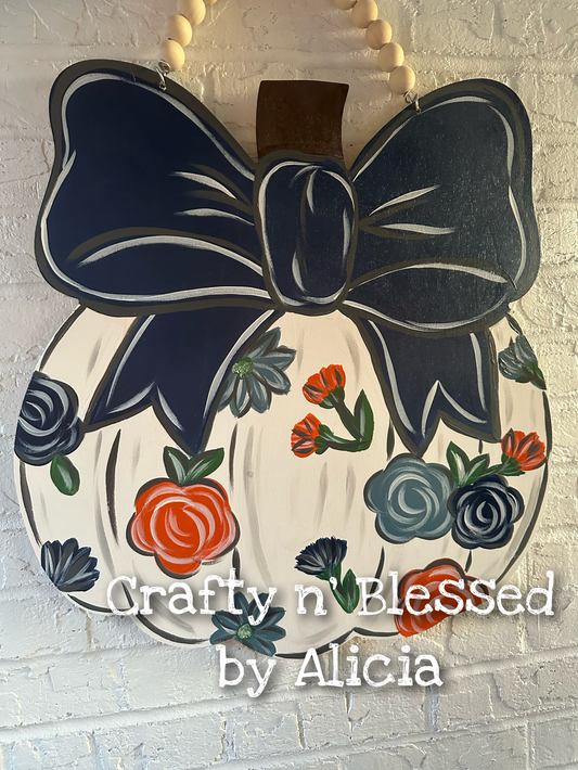 Navy Floral Bow Pumpkin Door Hanger
