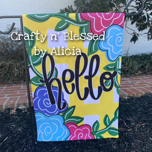 Yellow Plaid Floral Garden Flag