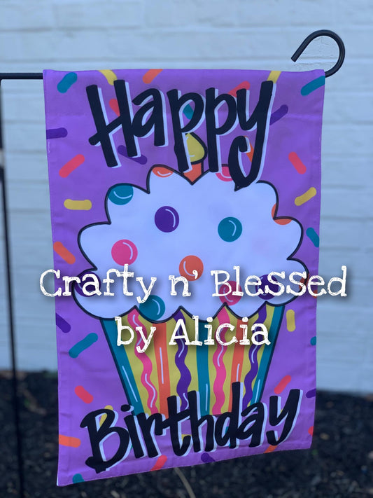 Purple Happy Birthday Cupcake Garden Flag