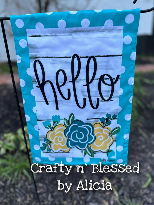 Turquoise Floral Hello Garden Flag