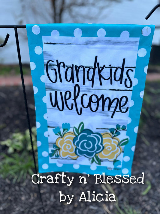 Turquoise Floral Grandkids Garden Flag