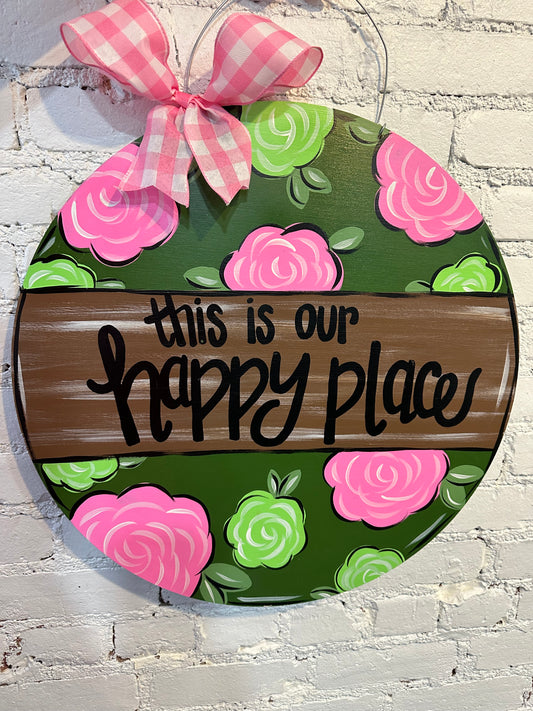 Green and Pink Happy Place Custom Door Hanger