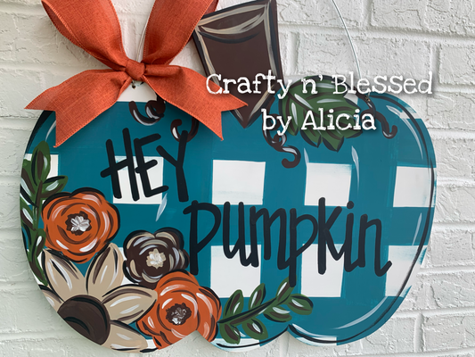 Tuscan Teal Plaid Pumpkin Door Hanger