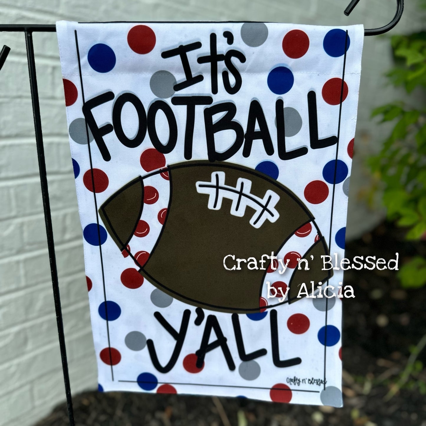 Red and Blue Dotty Football Garden Flag