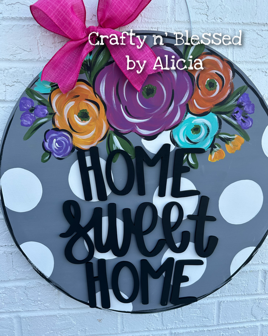 Gray Dotted Floral Home Sweet Home Custom Door Hanger