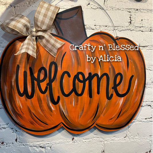 Distressed Orange Pumpkin Door Hanger