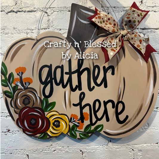 Gather Here Floral Pumpkin Door Hanger