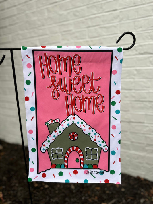 Pink gingerbread house Garden Flag