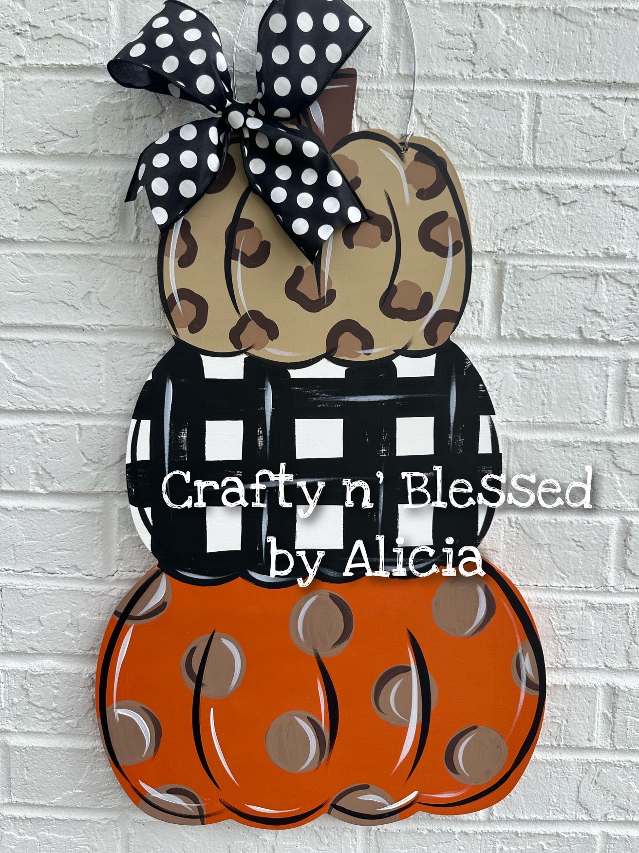 Cheetah Plaid Stacked Pumpkins Door Hanger