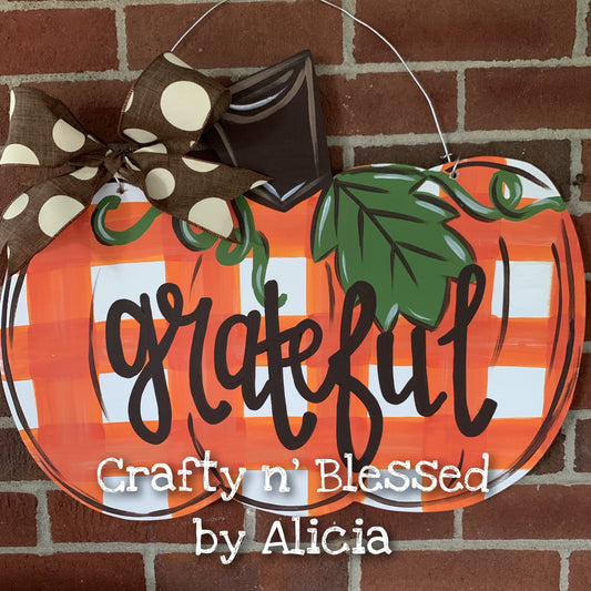 Grateful Plaid Pumpkin Door Hanger