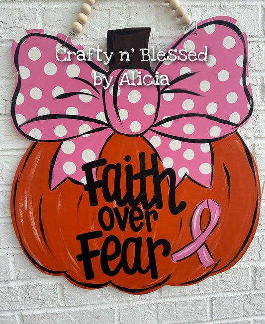 READY TO SHIP/PICKUP Pink Bow Breast Cancer Pumpkin Door Hanger