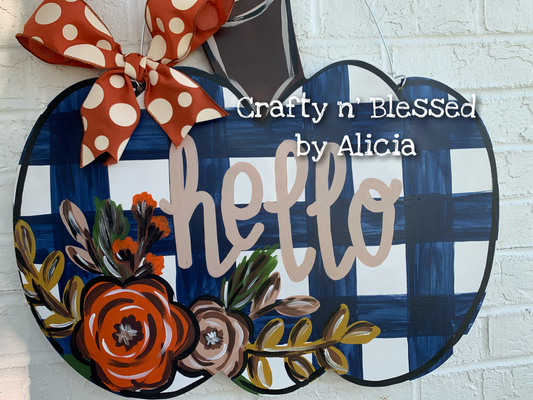 Navy Plaid Pumpkin Door Hanger
