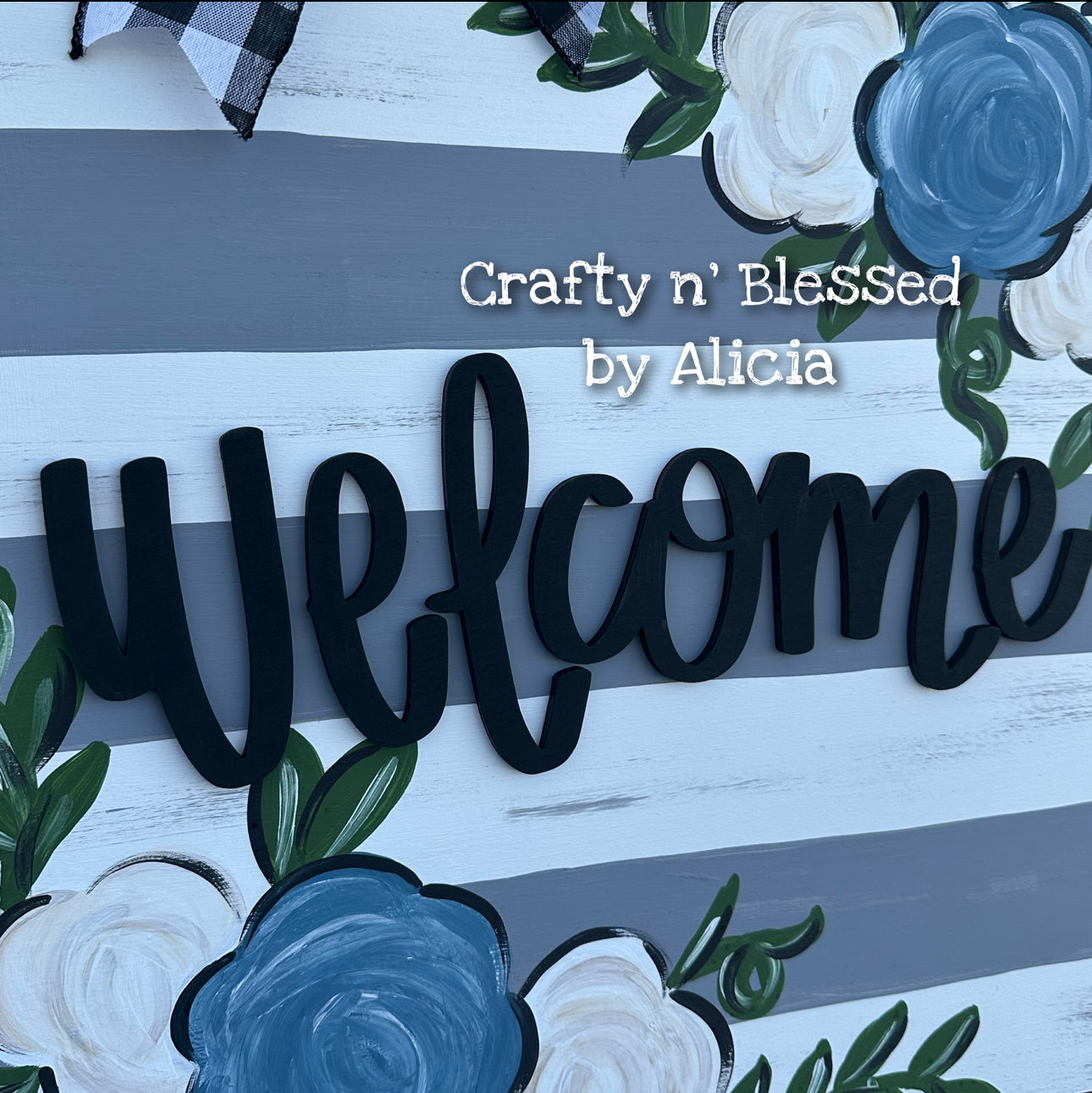 Blue Floral and Striped Cutesy Plaque Door Hanger