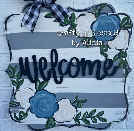 Blue Floral and Striped Cutesy Plaque Door Hanger
