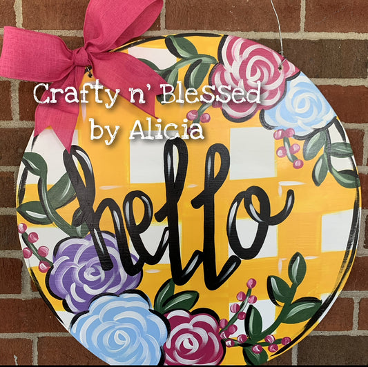 Yellow Plaid Floral Door Hanger