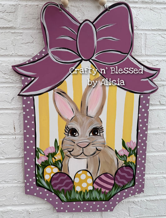 Yellow Striped Bunny Plaque Custom Door Hanger
