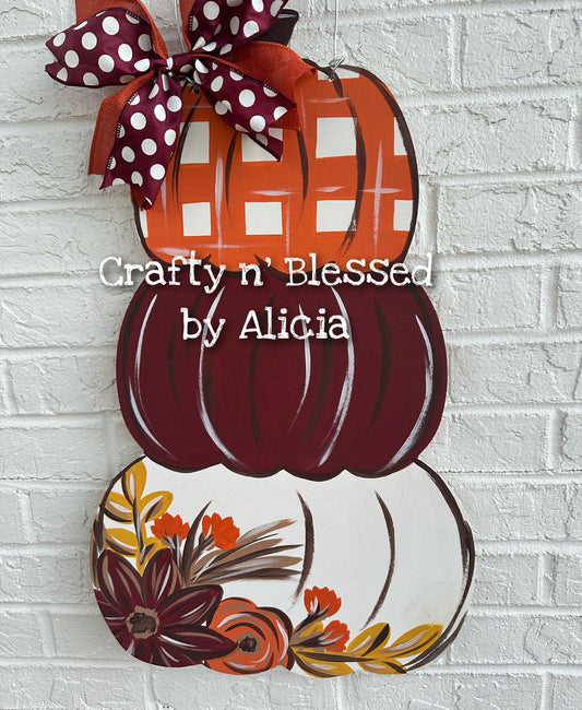 Stacked Maroon Floral Pumpkins Door Hanger