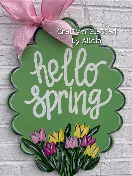 Hello Spring Scallop Oval Custom Door Hanger