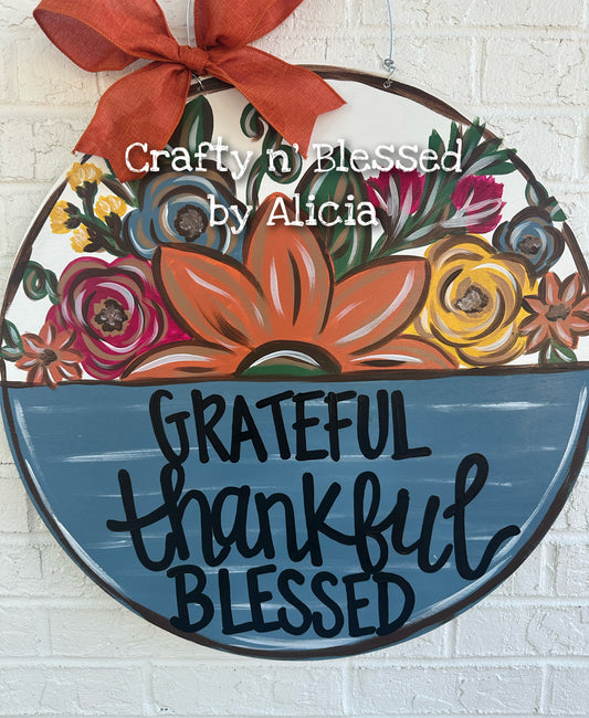 Grateful Thankful Blessed Floral Door Hanger
