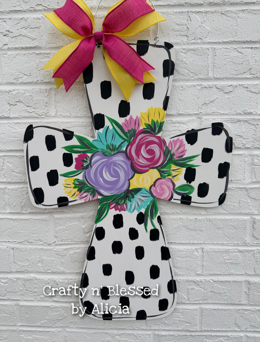 Black Dot Floral Cross Custom Door Hanger