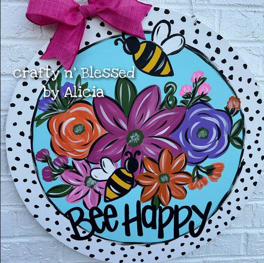 Spotty Dot Floral Bee Happy Round Door Hanger