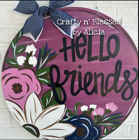 Hello Friends Huckleberry Floral Door Hanger