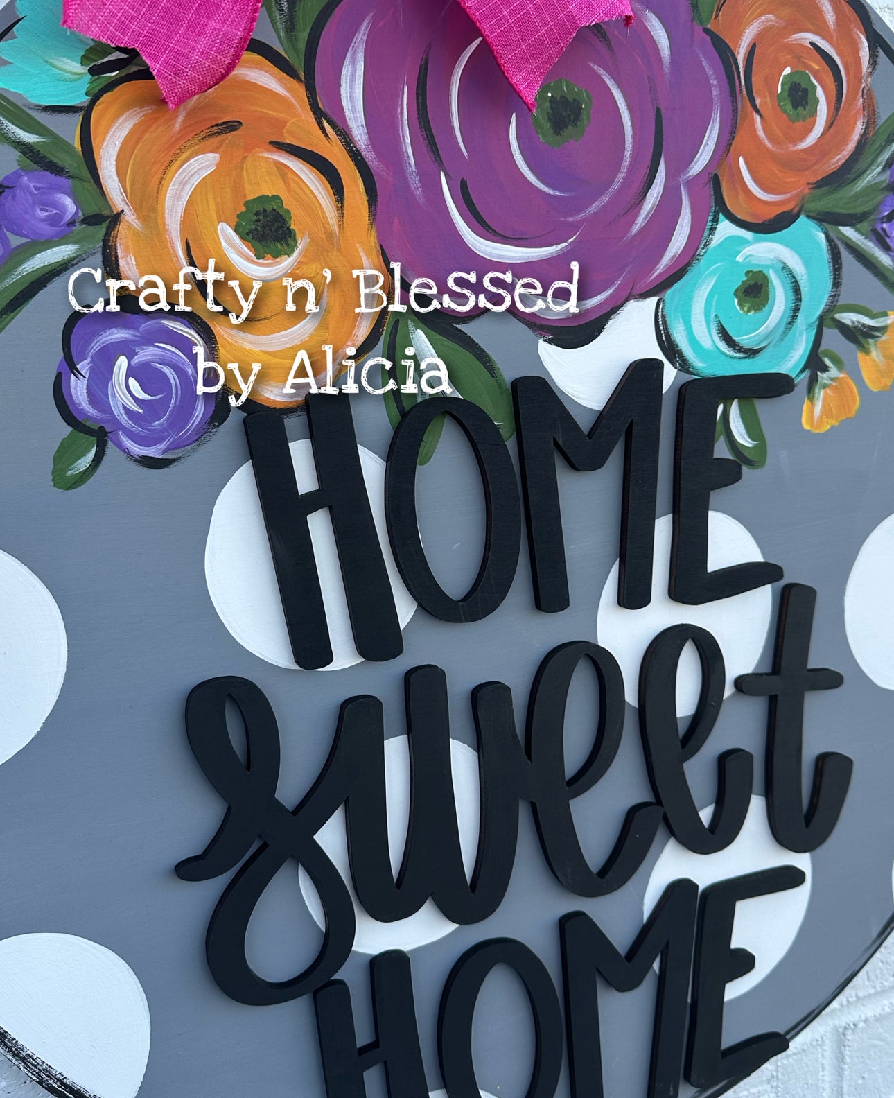 Gray Polka Dot Floral Home Sweet Home Door Hanger