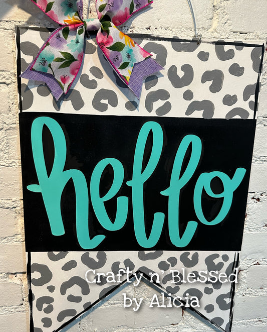 Gray Cheetah Colorful Hello Pendant Door Hanger