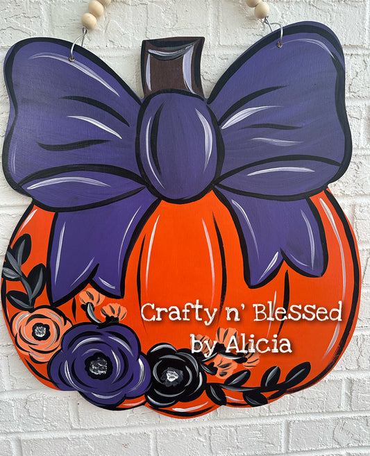 Purple Bow Floral Pumpkin Door Hanger