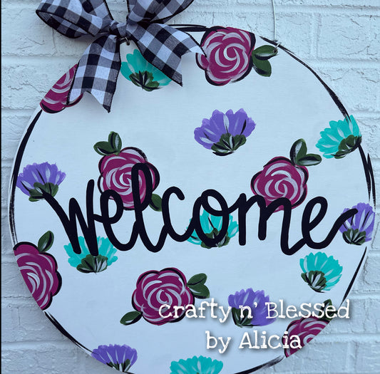Welcome Scattered Floral Round Door Hanger